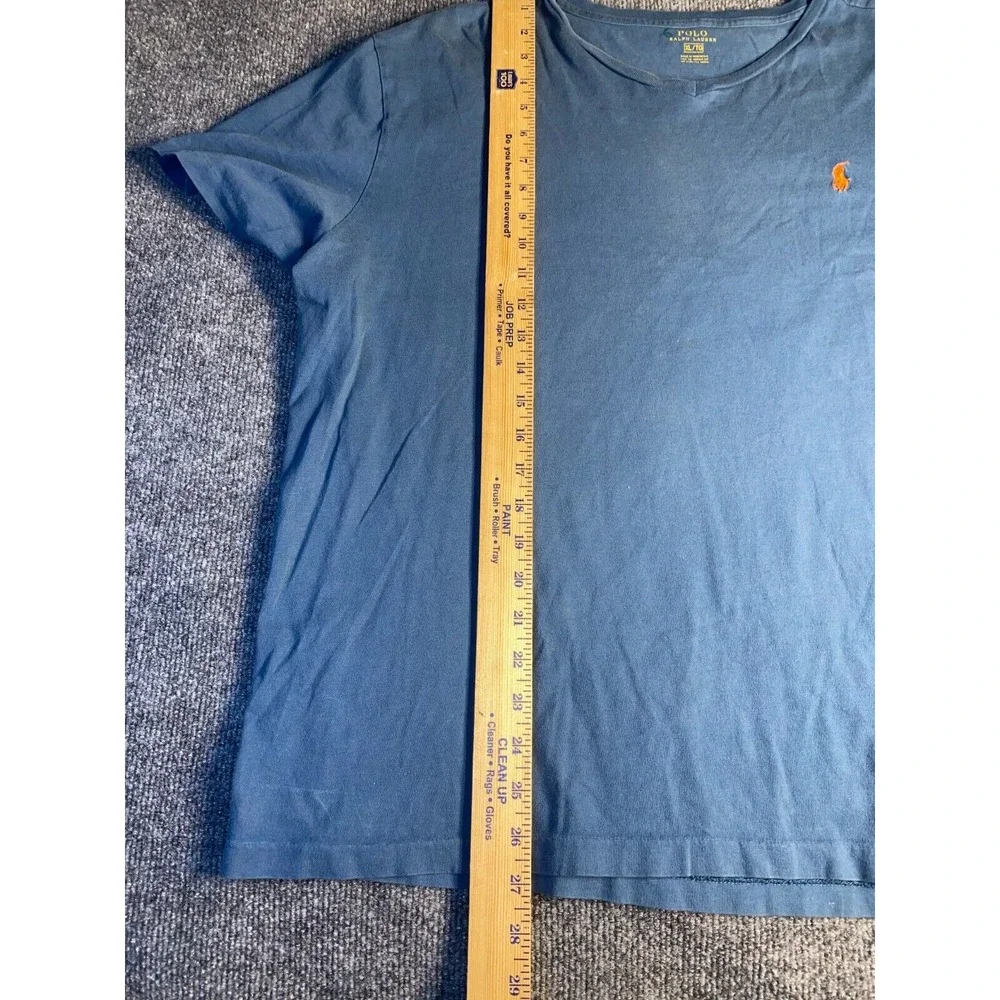 Polo Ralph Lauren Tee Shirt Mens XL Blue Solid Relaxed Fit Rib V Neck‎ Pony Logo